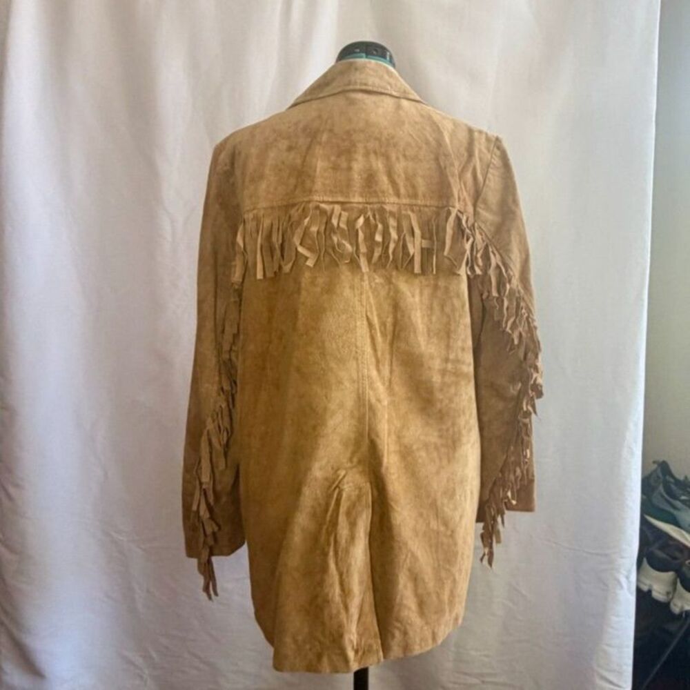 Vintage Denim & Co tan leather fringe blazer jacket. Size large - Picture 3 of 8